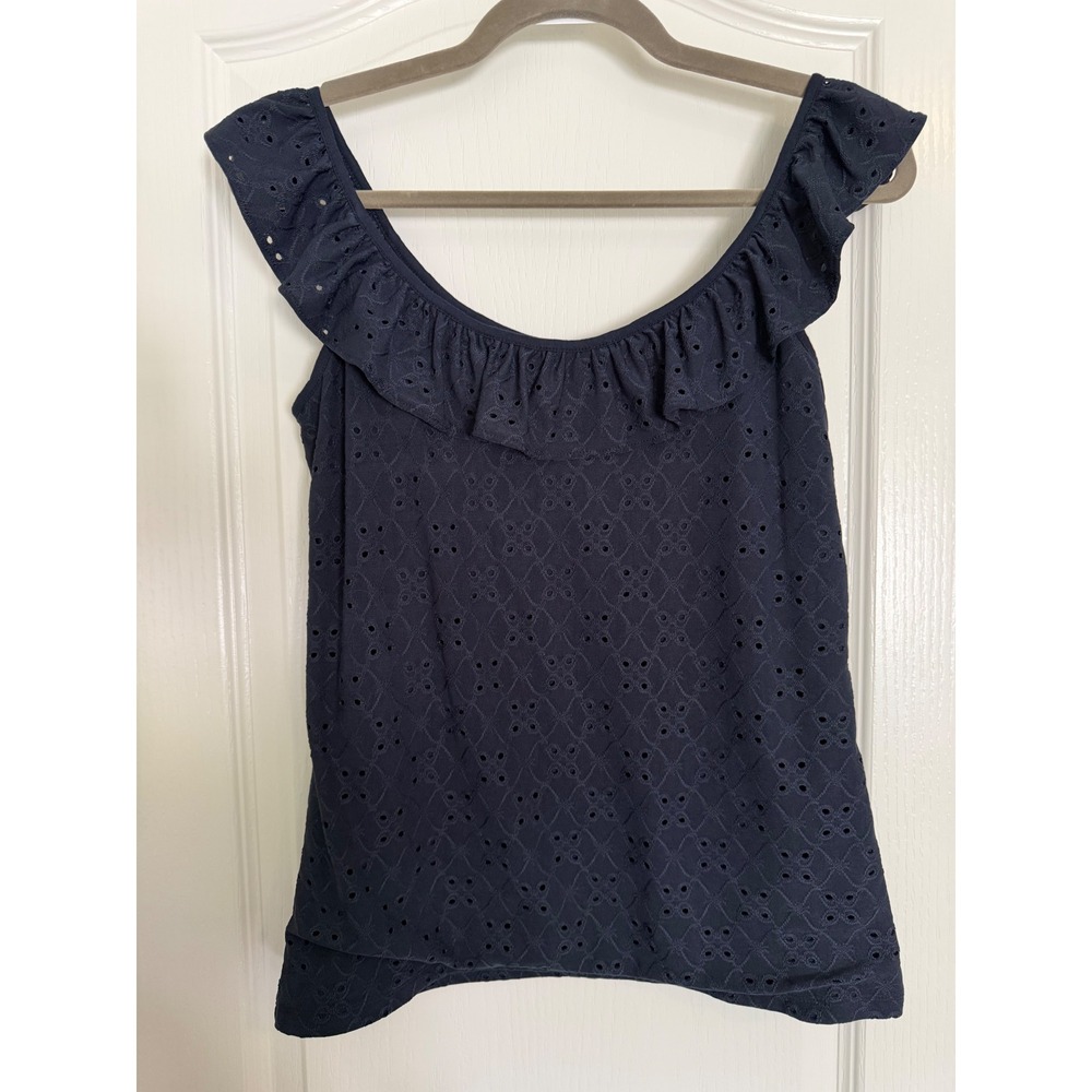 Loft Navy Blue Eyelet Ruffle Tank Top Women Geometric Cotton Blend EUC M